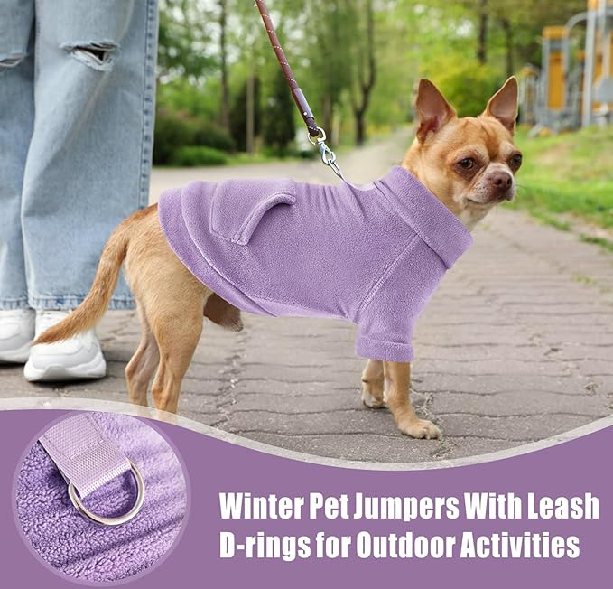 Idepet Fleece Dog Sweater 2 Pack, Winter Pet Clothes Turtleneck Sweatshirt, Stretchy Cat Coat with Leash Ring, Pink, Purple, X-Small