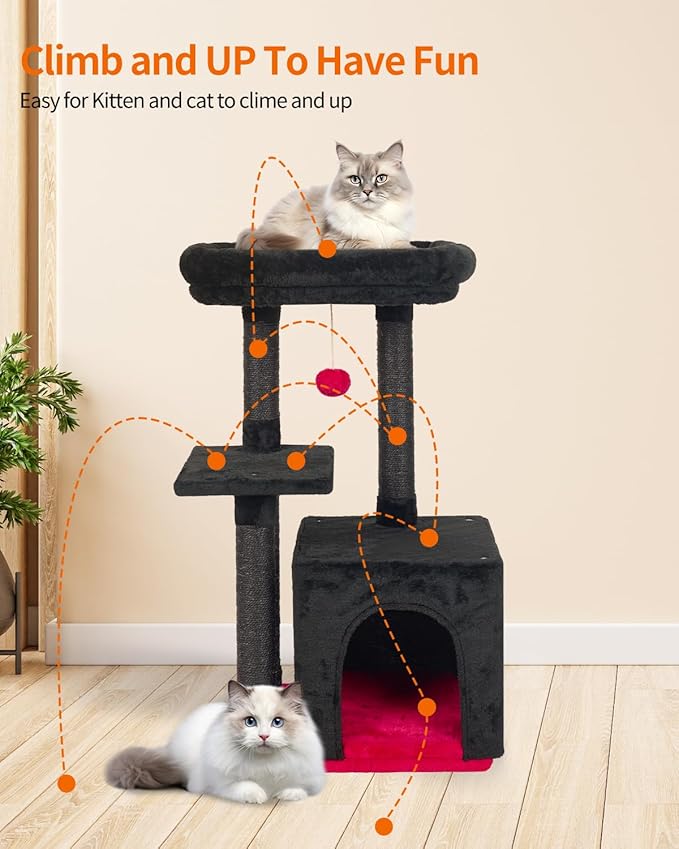 FISH&NAP Cute Cat Tree Kitten Cat Tower for Indoor Cat Condo Sisal Scratching Posts with Jump Platform Cat Furniture Activity Center Play House RedBlack