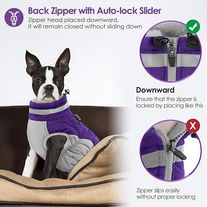 AOFITEE Dog Coat, Warm Dog Jackets for Large Dogs, Reflective Turtleneck Dogs Winter Coat with Harness Built in, Waterproof Windproof Pet Snow Jacket Fleece Vest for Cold Weather, Purple XXL