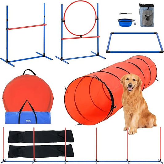 VEVOR Dog Agility Training Equipment, Dog Obstacle Course Backyard Set with Adjustable High Hurdles,6 Weave Poles,Extended Tunnel,Jump Ring,Pause Box,Whistle Foldable Bowl Training Pouch Storage Bag