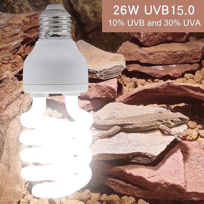 UVB Light Bulb for Reptiles, 26W 15.0 UVA UVB Heat Lamp Bulbs Ideal for Rainforest Reptiles, Bearded Dragons Lizard Turtle Tortoise Iguanas Chameleons Snake (2 Pack)