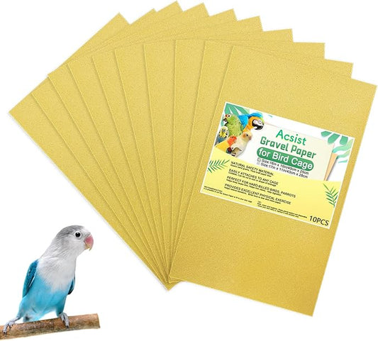 10PCS Gravel Paper for Bird Cage, 16 x 10 inch Cuttable Sea Sand Paper Liners, Calcium Sandpaper for Hard-Billed Birds, Bird Cage Liners for Parrots,Cockatiels & All Your Feathered Friends