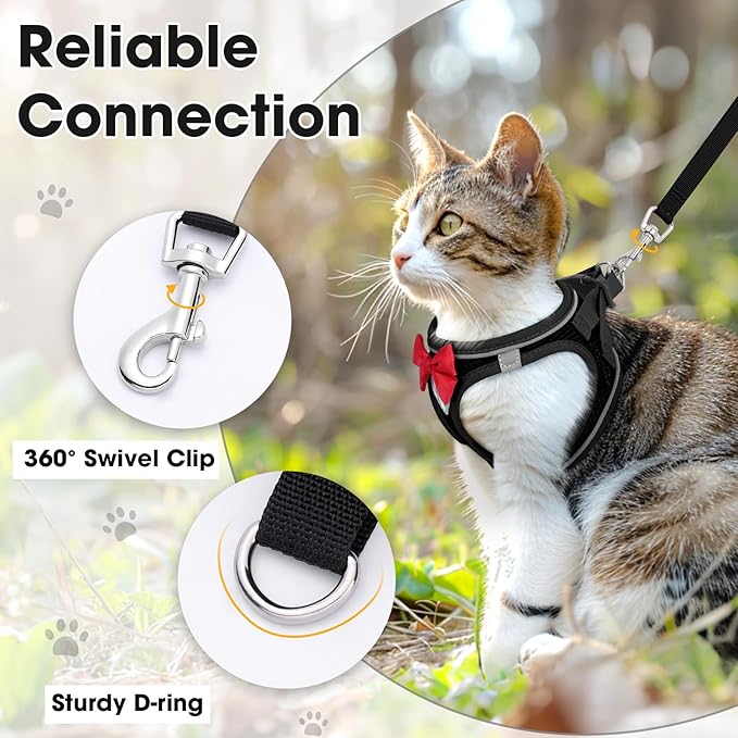 Cat Vest Harness and Leash Set for Walking Escape Proof, Adjustable Kitten Harness Breathable Mesh with Reflective Strips Harness for Kitty Puppy Bunny (Black,M)