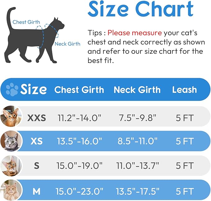 Dooradar Cat Harness and Leash Set, Escape Proof Safe Adjustable Kitten Vest Harnesses for Walking, Easy Control Soft Breathable Mesh Jacket with Reflective Strips for Cats, Light Blue, S