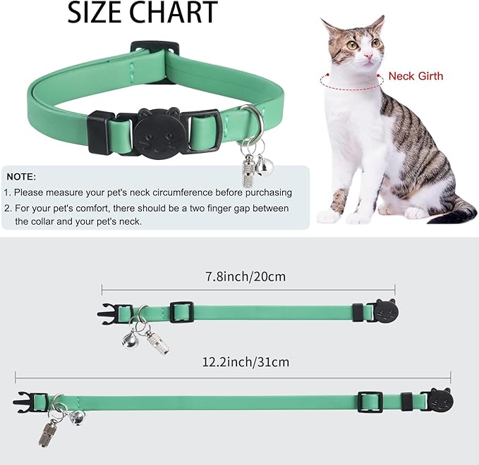 Upgrade Breakaway Cat Collar with Bells, Soft Leather Kitten Collars with Name Tag,Safety Adjustable Buckle,Lightweight,Ideal for Girl Boy Cats, Green+Blue