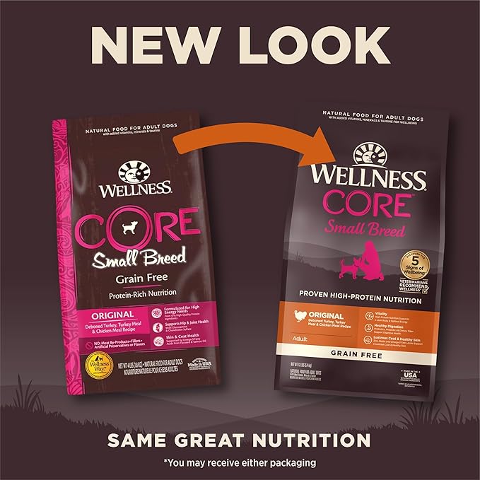 Wellness CORE Natural Grain-Free Small Breed Turkey & Chicken Dry Dog Food for Adult Dogs, High-Protein, USA-Made with Real Meat, 12-Pound Bag