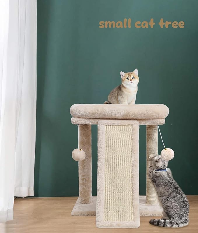 SYANDLVY Small Cat Tree with Scratching Post, Cat Scratching Board with Perch, Cat Post Scratcher for Indoor Cats, 2 Dangling Balls Great for Kittens (Beige)