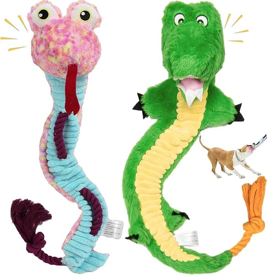 Crinkle Dog Toys Squeaky Plush No Stuffing Cute Puppy Stuffless Tough Rop Pull Toy, Fun Dog Stuffed Animals Durable Chew Set for Small Medium Large Pup (Large, Alligators+Snake)