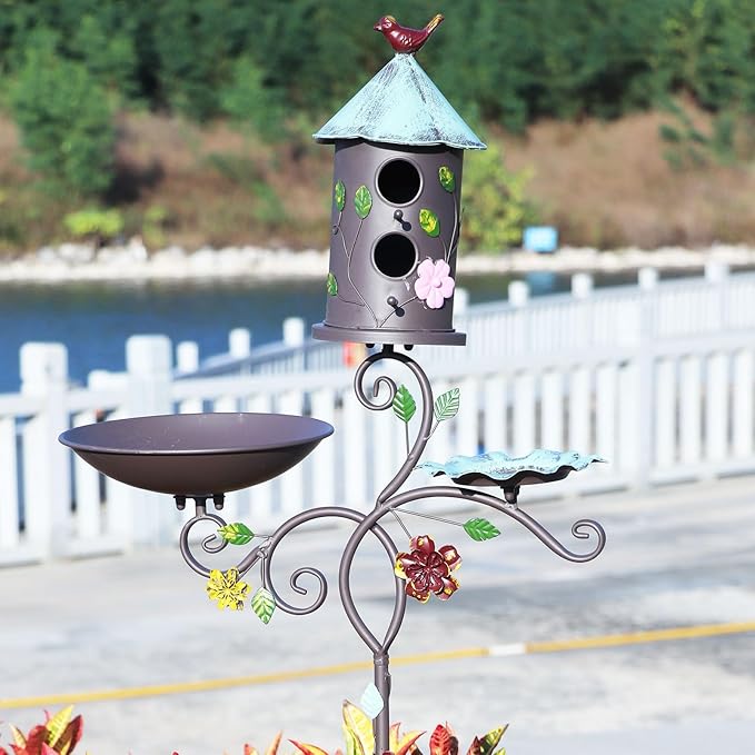 58" H Metal Bird Baths and Bird Houses for Outside with Pole,Birdhouses for Outdoors with Birdfeeder,3-in-1,Garden Yard Decor
