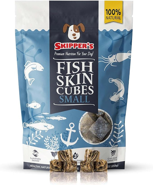 SKIPPER'S Cod Fish Skin Small Jerky Cubes - Gently Air Dried Single Ingredient Cod Skin Dog Treats, Rich in Omega 3 & Grain Free Crunchy Bites, Hypoallergenic & Gluten Free | Great for Teeth (8.82 Oz)
