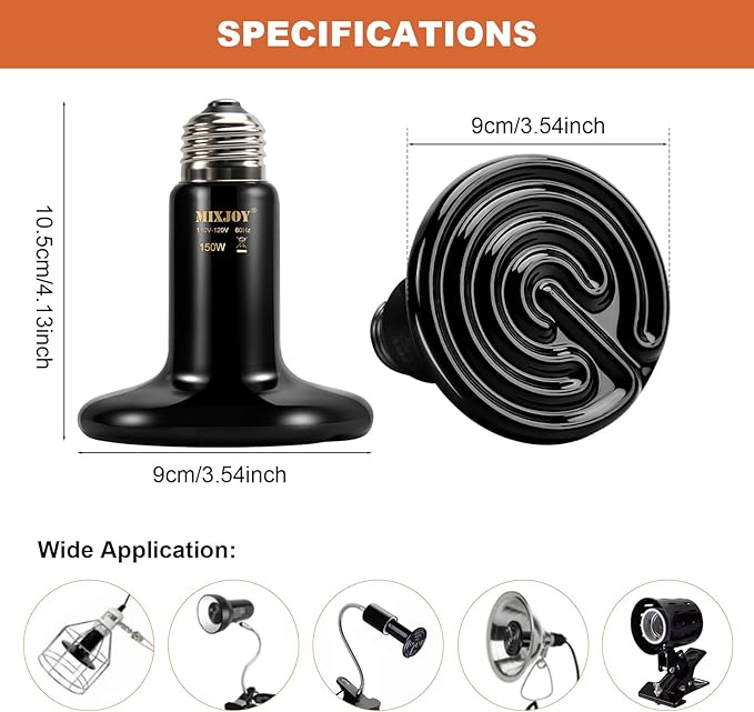 MIXJOY 150W Reptile Heat Lamp 2Pack Ceramic Heat Emitters Reptile Heat Lamp Bulbs, No Light Emitting Ceramic Heat Bulbs for Amphibian Terrarium Reptile Gecko Lizard Bearded Dragon Turtle Chicken Snake