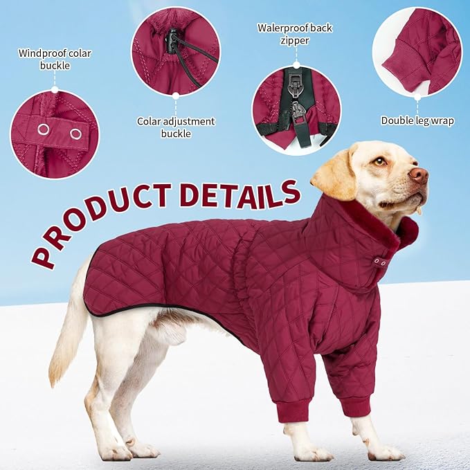 IDOMIK Dog Winter Coat for Large Dogs, Warm Dog Winter Jacket with Fleece High Collar, Zippered Cold Weather Coats for Dogs, Waterproof Doggy Snow Jacket Clothes,WineRed,L