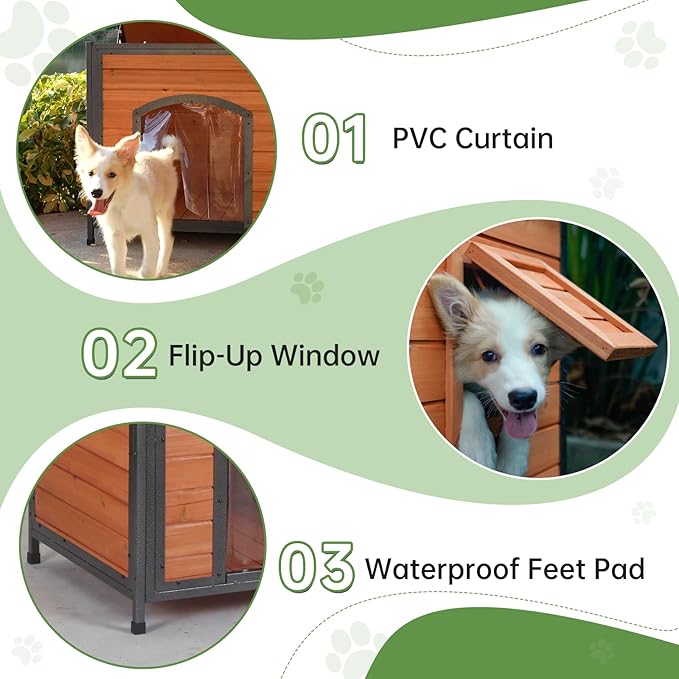 Outdoor Dog House with Door Weatherproof Dog Kennel Chew-Proof Metal Frame Openable Roof for Easy Cleaning