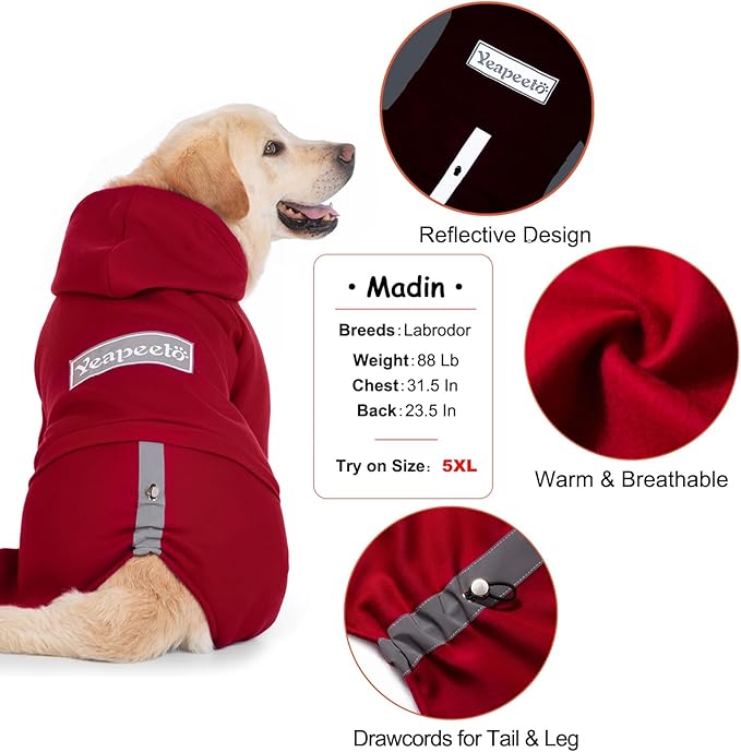 Dog Hoodies Winter Coat for Large Medium Dogs, Pullover 10 Legs Warm Coat Hooded Sweatshirt, Fleece Hoodie for Cold Weather (Red, 5X-Large)