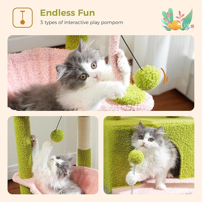 PEQULTI 4-in-1 Multi-Level Cat Tower, 33'' Pink Cat Tree for Indoor Cats with Large Condo, Scratching Post for Cats with Deep Hammock& Cozy Top Perch