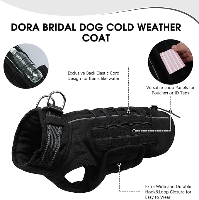 Dora Bridal Dog Winter Coat with Harness Built in, Large Dogs Warm Windproof Reflective Dogs Jacket, Pet Vest with Molle Panels and 3 Pouches for Male Dog