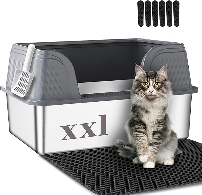 Suhaco Extra Large Stainless Steel Litter Box with Lid XXL High Sided Cat Litter Boxes Included Litter Mat & Litter Scoop Anti-Urine Leakage Metal Pet Toilet for Big Cats (Grey XXL)