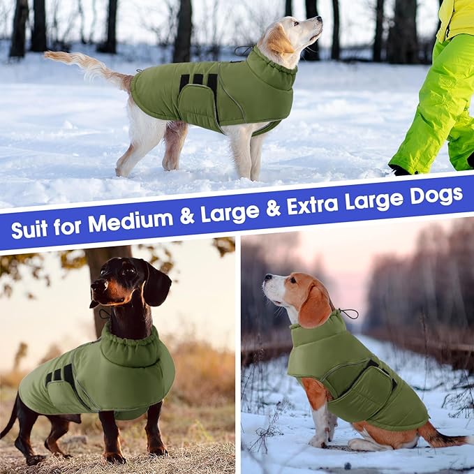 ASENKU Extra Warm Dog Coat - Winter Jacket with Fleece, Reflective, Adjustable, Zippered Leash Hole for Large Dogs (Green, 4XL)