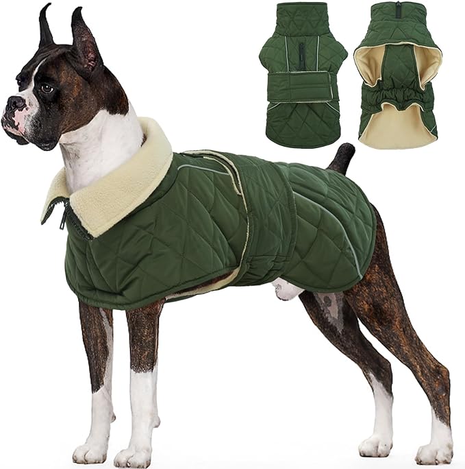 Kuoser Extra Warm Dog Coat, Windproof Cold Weather Jacket for Large Dogs, Fleece Lining Christmas Dog Jacket Pet Turtleneck Snowsuit with Reflective Strips Adjustable Winter Outfit, Green XL