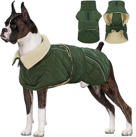 Kuoser Extra Warm Dog Coat, Windproof Cold Weather Jacket for Large Dogs, Fleece Lining Christmas Dog Jacket Pet Turtleneck Snowsuit with Reflective Strips Adjustable Winter Outfit, Green XL
