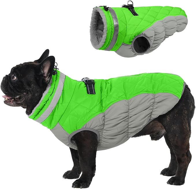 Warm Dog Jackets for Large Dogs, Waterproof Dog Coat with Harness Built in, Zipper Clousure, Fleece Lining for Cold Weather Outdoor Walks, Pet Snowsuit for Shiba Inu, French Bulldog - L