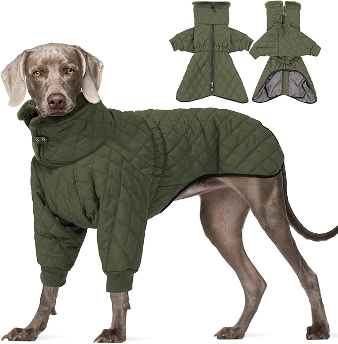 IDOMIK Dog Winter Coat for Large Dogs, Warm Dog Winter Jacket with Fleece High Collar, Zippered Cold Weather Coats for Dogs, Waterproof Doggy Snow Jacket Clothes,Green,2XL