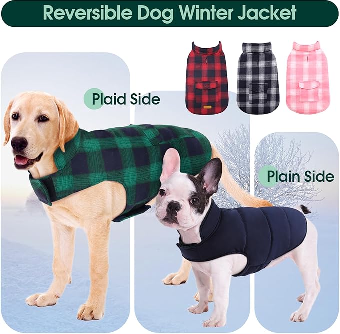 Kuoser Reversible Dog Jacket, Warm Winter Coat for Large Dogs, Warm Windproof Pet Cold Weather Clothes, Green XXL