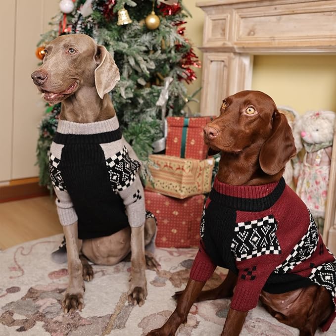 ROZKITCH Thick Dog Sweater, Matching Knit Winter Clothes with Fair Isle Pattern for Large Pets, Cozy Turtleneck Sweatshirt Outfits Outdoor Outfit Indoor Pjs DarkRed XL