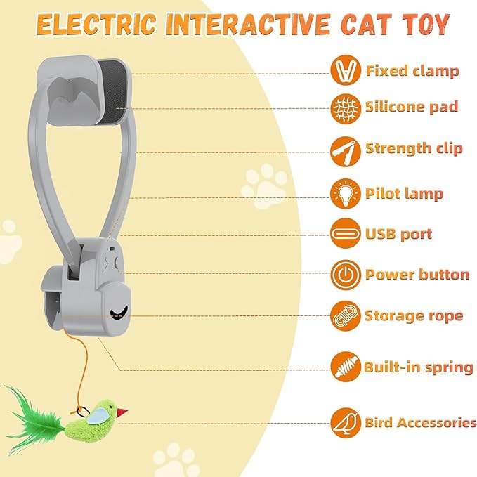 Interactive Cat Toys for Indoor Cats Automatic Electric Flying Bird Feather Wand Toy - Best Kitten & Adult Cat Enrichment Toy Hanging Electric Kitty Toys for Bored Cats