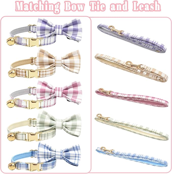 Personalized Cat Collar with Custom Name Plate, Customize Engraved Metal Buckle, Adjustable Cute Plaid Cat ID Tag Collars with Bell