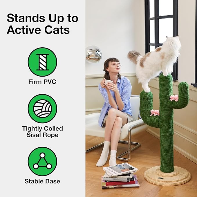 VETRESKA Cat Scratching Post, Cactus Scratch Posts for Indoor Adult Cats Kittens, 41.3 Inches Large Sisal Cat Scratcher, Extra Large Sisal Cat Scratcher, Durable Cat Scratch Tree for Active Cats