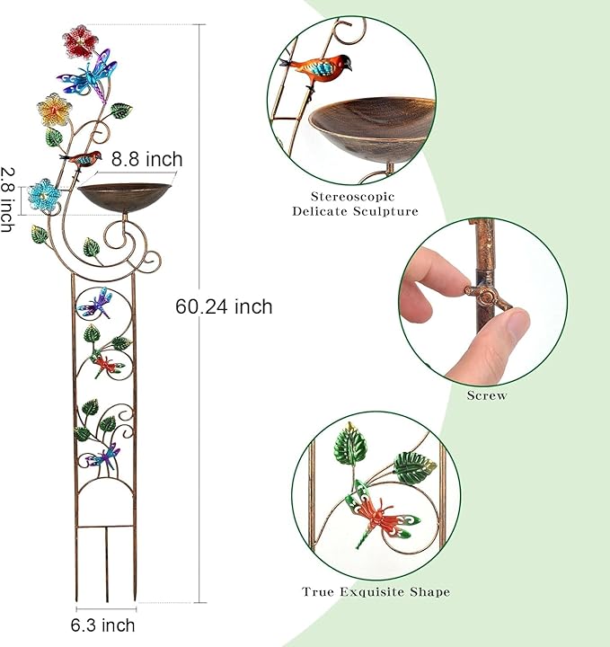 57” Bird Bath with Garden Trellis for Climbing Plants Outdoor, Small Decorative Metal Birdbath Bird Baths, Dragonfly (Dragonfly)