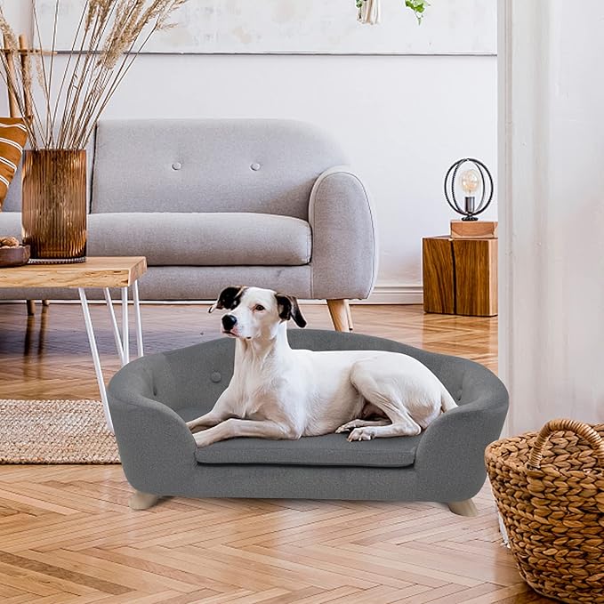 SHAVI Large Dog Couch, 35" Wide Pet Sofa for Large and Medium Dogs with Removable Mattress Cover, Luxury Raised Dog Couch Velvet Lounging Bed with Anti-Slip Bottom(Grey)