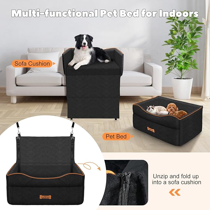 Medium Dog Car Seat, Dog Booster Seat Under 50Lbs or 2 Small Dogs Washable, Pet Car Seats with 2 Safety Leash, Dogs Sofa Bed Cushion Add Thick Sponge, Pet Cars Carrier for Travel, Black