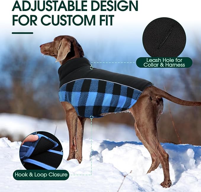 Kuoser Dog Winter Coat, Reversible Waterproof Dog Jacket with Reflective Strip, Warm Dogs Fleece Vest Adjustable Doggy Cold Weather Clothes Plaid Christmas Outfit Pet Apparel for Small Dogs, Blue XS