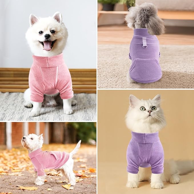 Idepet Fleece Dog Sweater 2 Pack, Winter Pet Clothes Turtleneck Sweatshirt, Stretchy Small Cat Coat with Leash Ring, Pink, Purple, XX-Large