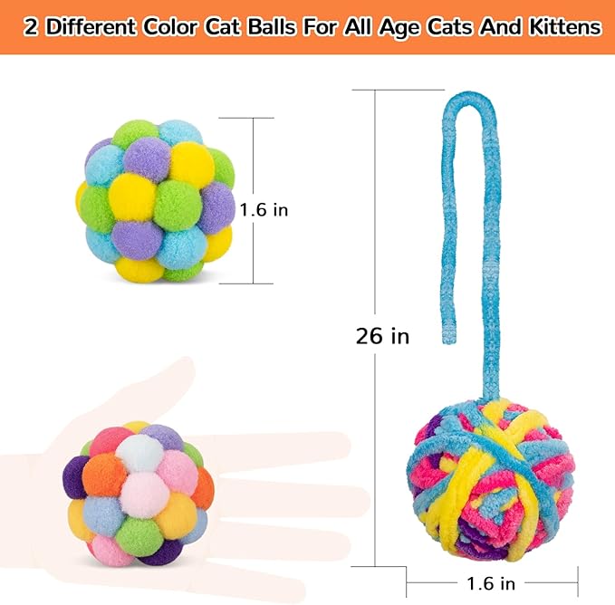 Retro Shaw Cat Toys Balls, 6Pcs Yarn Cat Ball with Bell Inside, Interactive Kitten Toys for Indoor Cats Kitty Chew Playing, Colorful Soft Fuzzy Jingle Kitten Ball with String