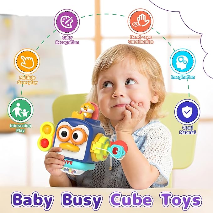 5 in 1 Baby Toy for 12 18 Month, Learning Toys for Babies 12-18 Months, Baby Busy Cube, Stacking&Sensory, Pull String&Piano Xylophone Toy, Birthday Gift for 12+ Month
