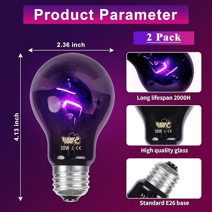 LUCKY HERP Reptile Heat Lamp 50W 2 Pack, Reptile Night Heat Bulb, Reptiles & Amphibians Basking Spot Light Bulb for Bearded Dragon, Lizard, Snake, Turtle, Chameleon