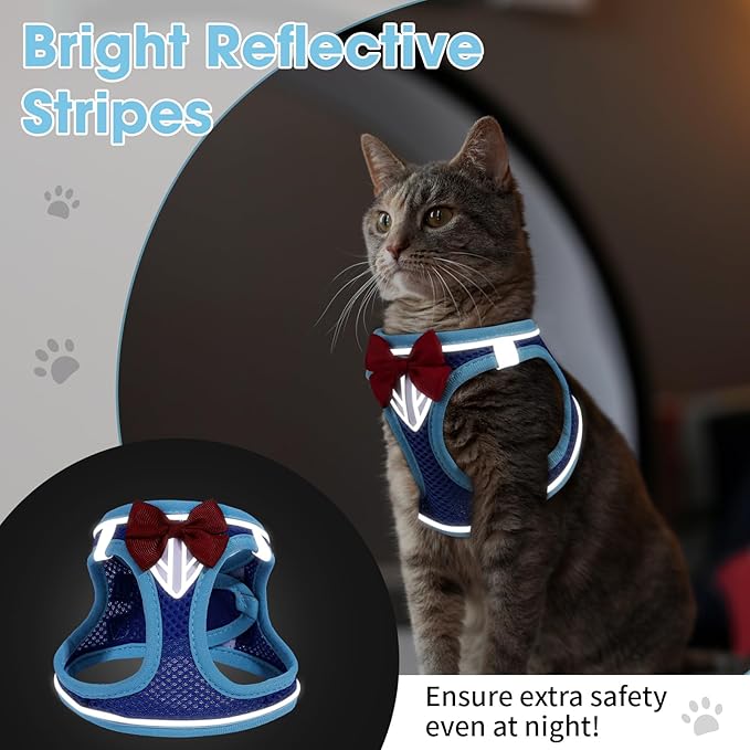 Cat Vest Harness and Leash Set for Walking, Escape Proof, Adjustable Kitten Harness, Breathable Mesh with Reflective Strips, Detective Conan-Inspired Design, Blue, Medium
