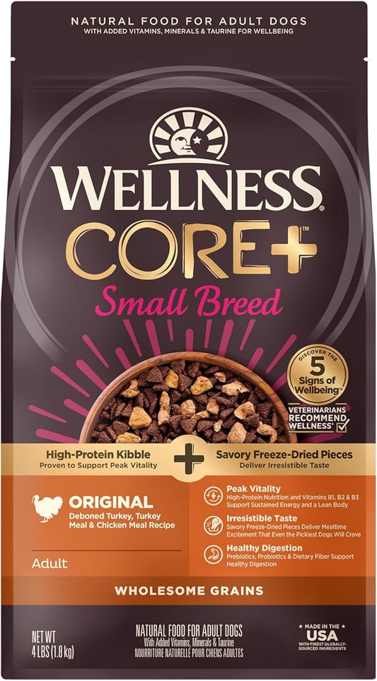 Wellness CORE+ (Formerly RawRev) Grained Dry Dog Food, Small Breed Original Turkey & Chicken with Freeze Dried Turkey Recipe, 4 Pound Bag