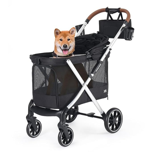 X6 Luxury Dog Stroller for Medium Dogs up to 66 lbs, Dog Wagon with 180° Canopy, One-Second Fold Design, 4-Wheel Shock Absorption (Black)