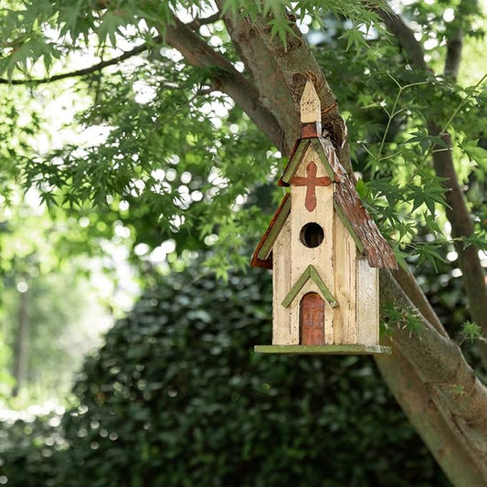 Glitzhome Wooden 14" H Hanging Distressed Church Birdhouse Decorative Garden Bird House