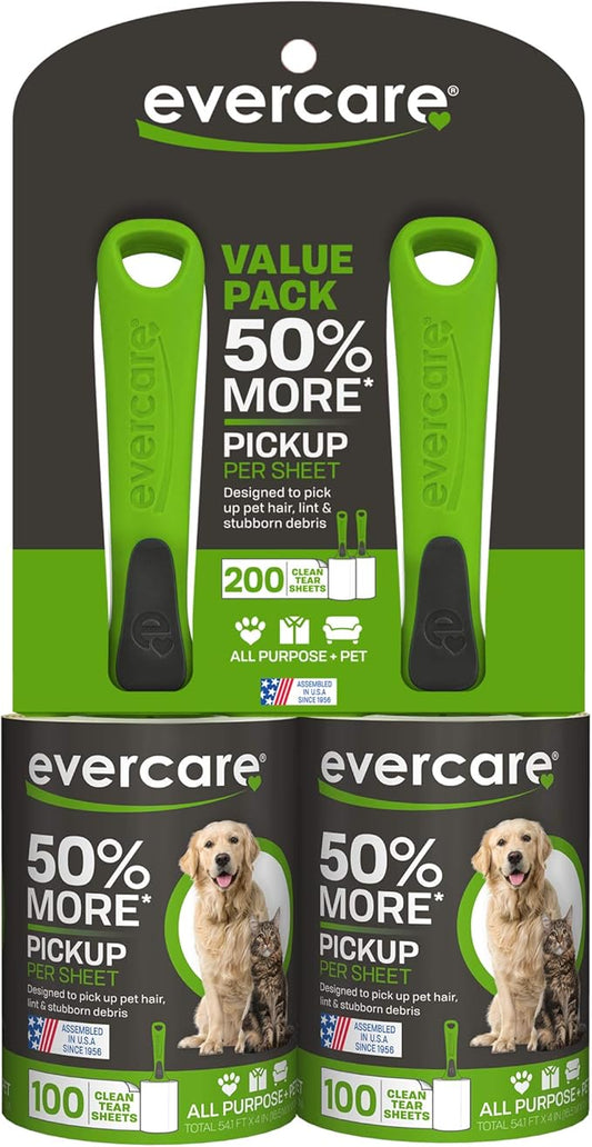 Evercare Pet Hair Lint Rollers All Purpose Use 100 Easy-Tear Sheets Per Roll Reusable Sticky Roller Pets Cat & Dog Hair Remover Contoured Handle for Furniture Clothing & Cars, Set of 2, Green