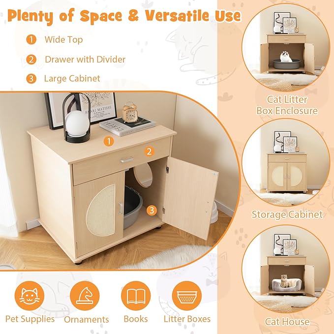 Tangkula Litter Box Enclosure, Hidden Cat Washroom with Drawer, Sisal Scratching Doors, Adjustable Metal Feet, Modern Cat Litter Cabinet Storage Bench, Double Enclosed Litter Box Furniture