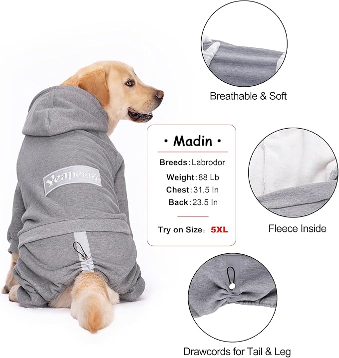 Dog Hoodies Winter Coat for Large Medium Dogs, Pullover 8 Legs Warm Coat Hooded Sweatshirt, Fleece Hoodie for Cold Weather (Grey, 3X-Large)