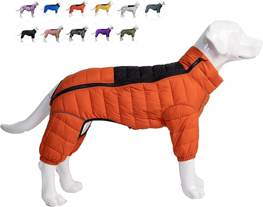 Lovelonglong Warm Jacket - 4 Legs Covered Waterproof Windproof Reflective Vest, Zippered Adjustable Outdoor Snow Jacket for Small Medium Large Dogs, Orange XXL