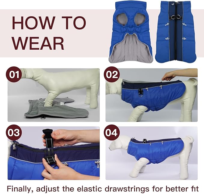 Medium Dog Coat - Warm Zip Up Snowsuit Dog Harness Vest, Reflective, Water-Resistant, Royal-Blue