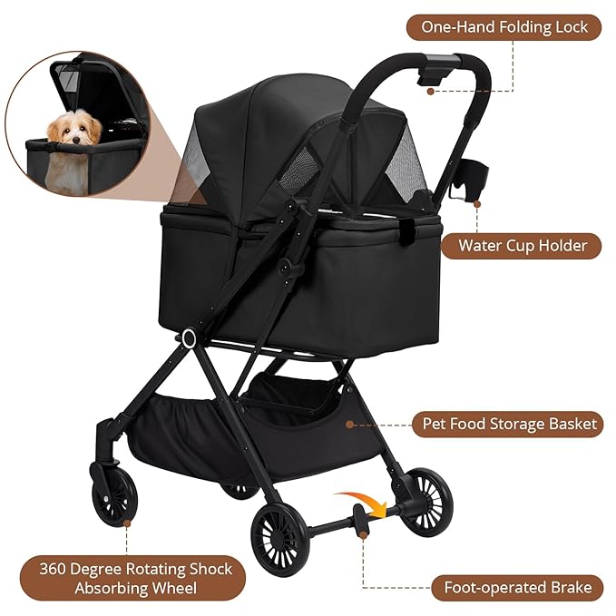 4-Wheel Lightweight Dog Stroller - Foldable Pet Stroller for Cats & Small to Medium Dogs Up to 50 Lbs, with 360° Swivel Wheels, Foot Brake, Weather & Escape Proof Design