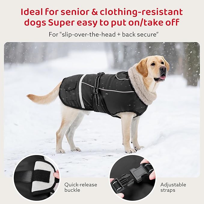 Dog Coat, Dog Winter Coat Jacket Waterproof for XXL Large Dogs, Pet Vest Warm Fleece Cozy for Cold Weather, with Harness Built in Reflective, Dogs Snowsuit Windproof, Adjustable Buckle
